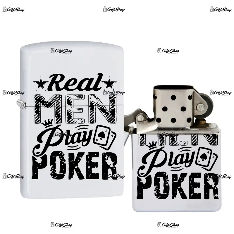 Real man play poker, bricheta metalica gravata laser cu mesaj